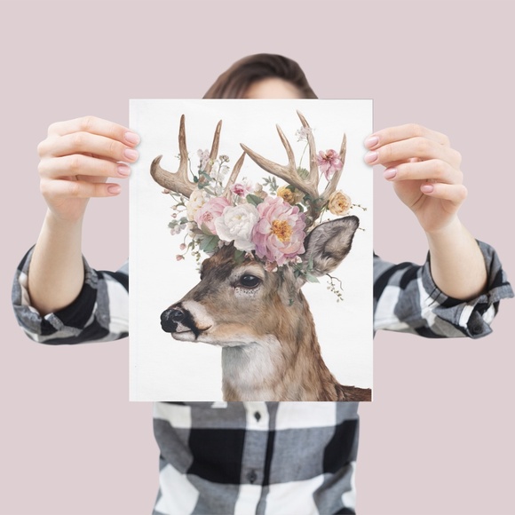 Watercolor Deer with Flower Wreath Illustration Wall Art Print Poster, Unframed - Picture 4 of 6